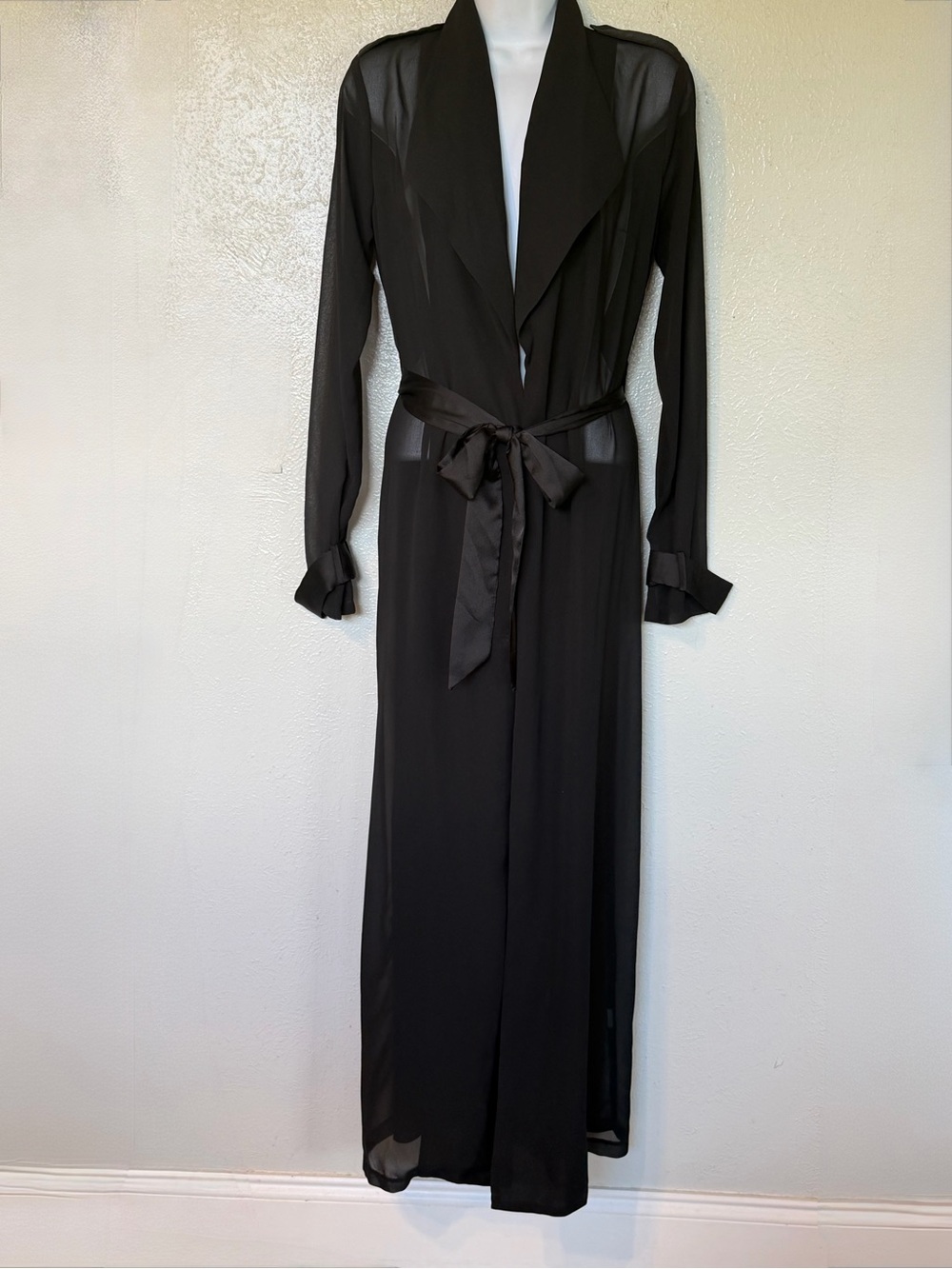 WINDSOR Whimsigoth Black Sheer Long Duster Robe Maxi Trench Coat Belted Jacket